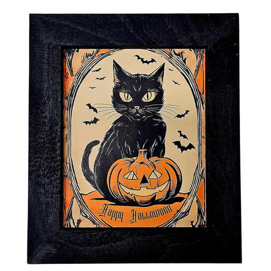 Vintage Halloween Cat Pumpkin |Framed Print| Retro Wall Art, Spooky Décor, Fall Black Cat Portrait, Halloween Home Decoration