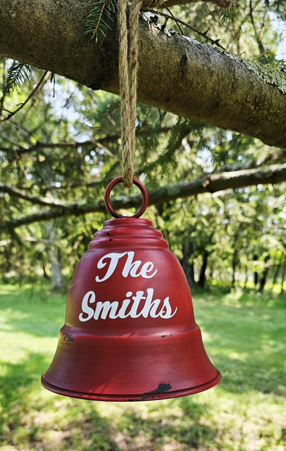 Personalized Red/White Metal Christmas Bell, Distressed Rustic Bell, Holiday Decoration, Winter Home Decor, Seasonal Decor