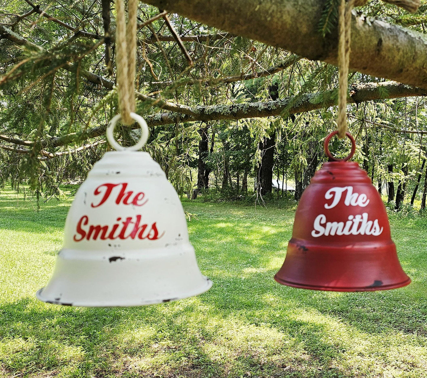 Personalized Red/White Metal Christmas Bell, Distressed Rustic Bell, Holiday Decoration, Winter Home Decor, Seasonal Decor