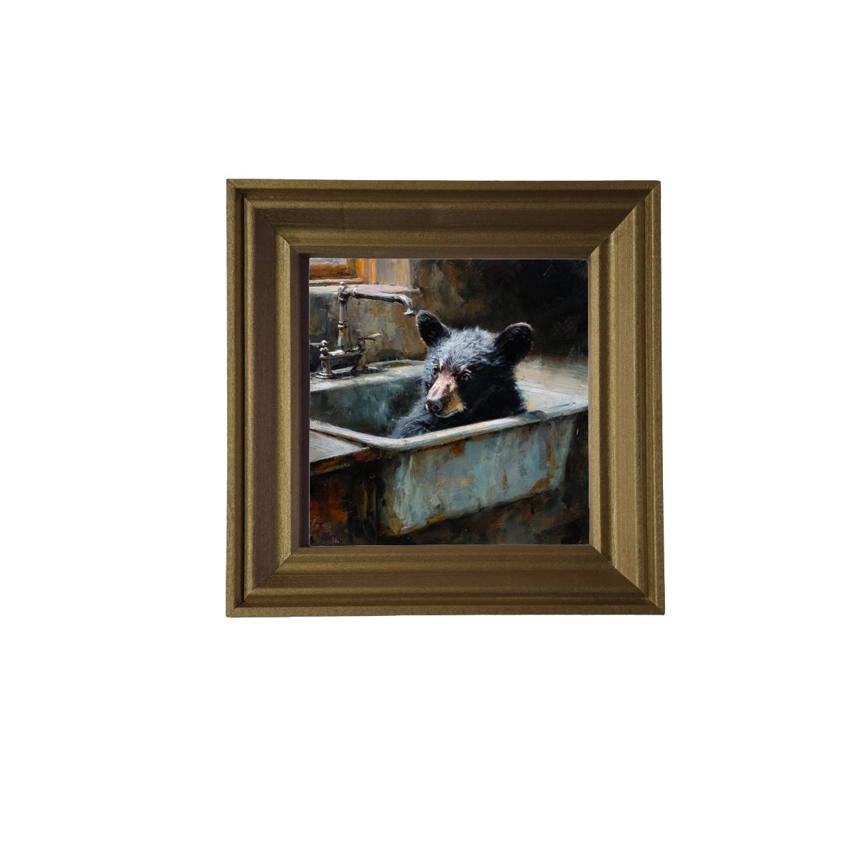 Painterly black bear cub sitting in an old metal sink with rustic, earthy tones — product view 2