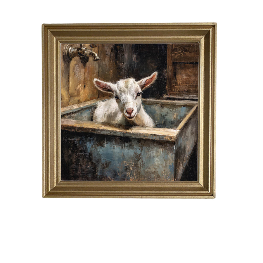 Painterly artwork of a baby goat sitting in a weathered metal washbasin with rustic faucet and wooden backdrop. — product view 5