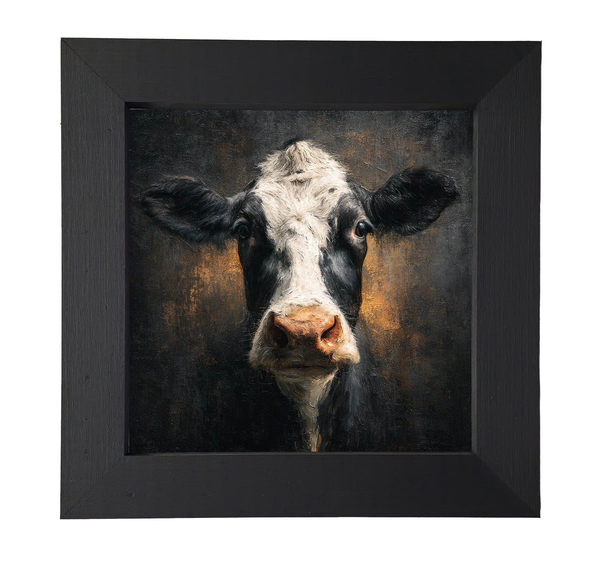 Close-up painterly portrait of a black and white Holstein cow with rustic, textured background and warm tones. — product view 7