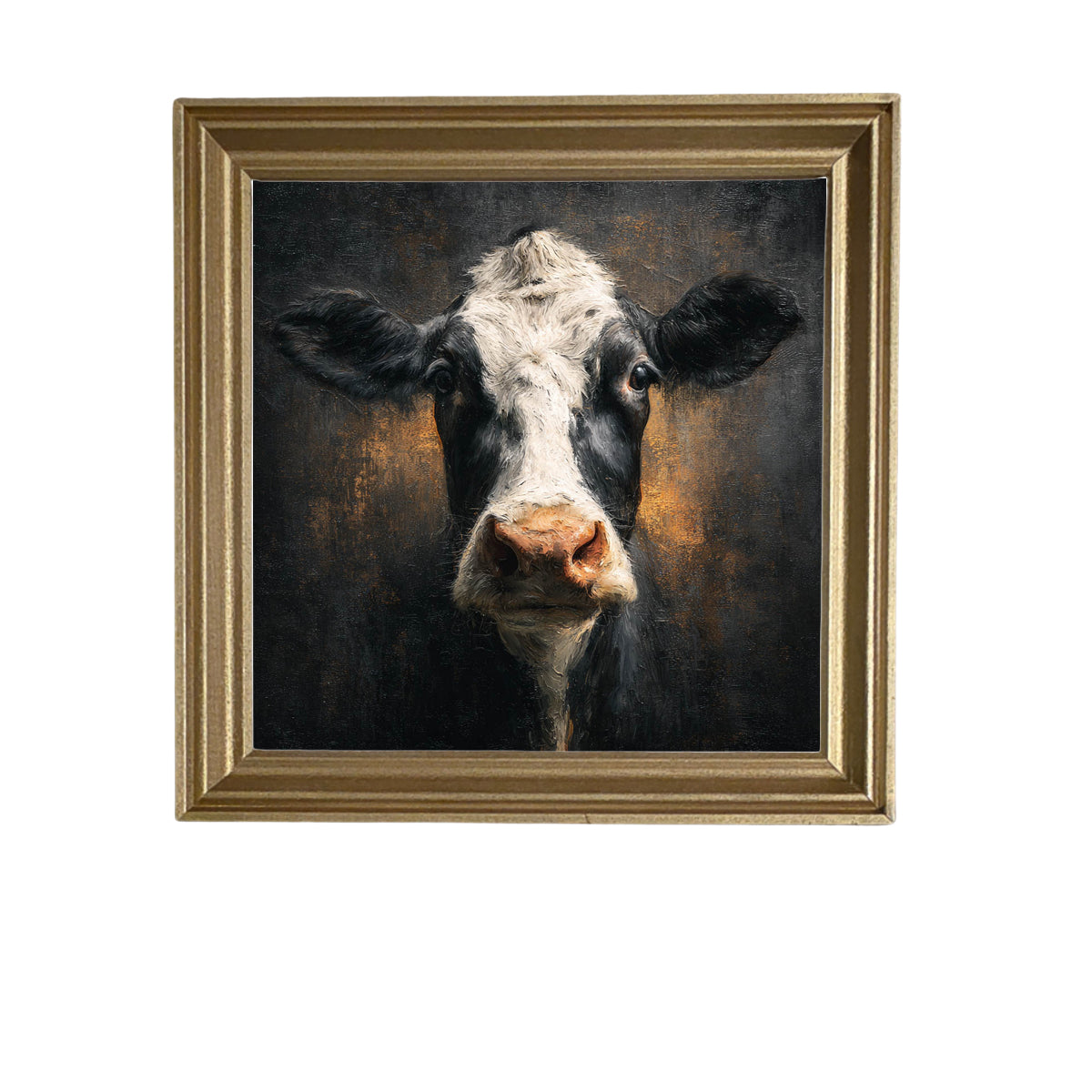 Close-up painterly portrait of a black and white Holstein cow with rustic, textured background and warm tones. — product view 5