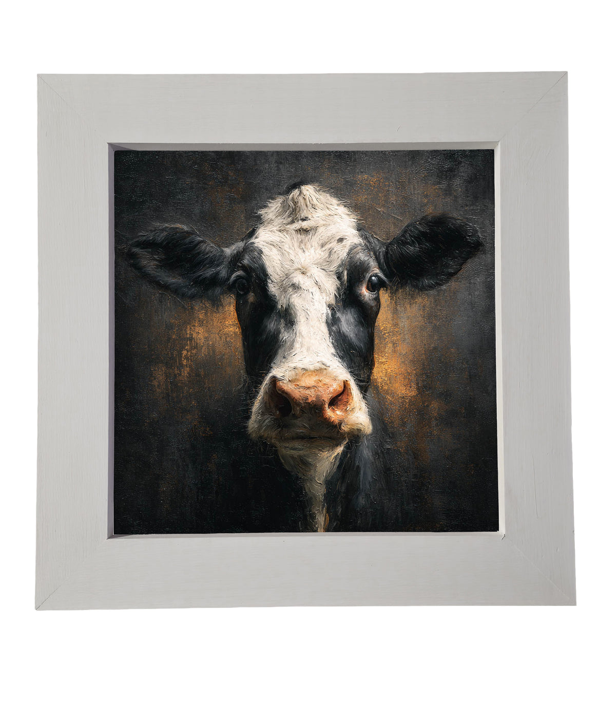 Close-up painterly portrait of a black and white Holstein cow with rustic, textured background and warm tones. — product view 6