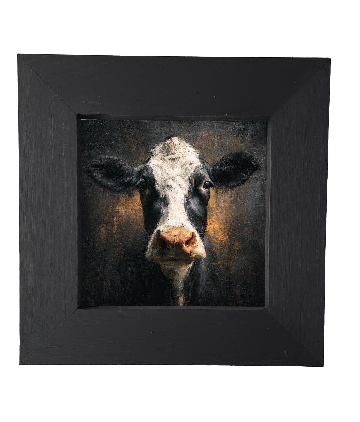 Close-up painterly portrait of a black and white Holstein cow with rustic, textured background and warm tones. — product view 4
