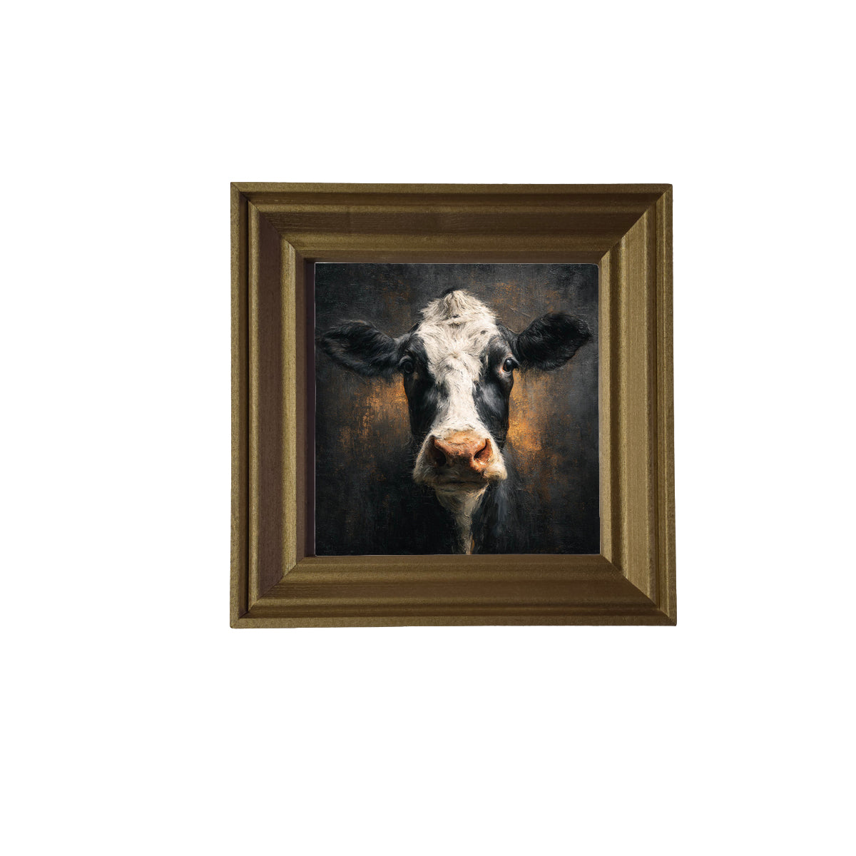 Close-up painterly portrait of a black and white Holstein cow with rustic, textured background and warm tones. — product view 2