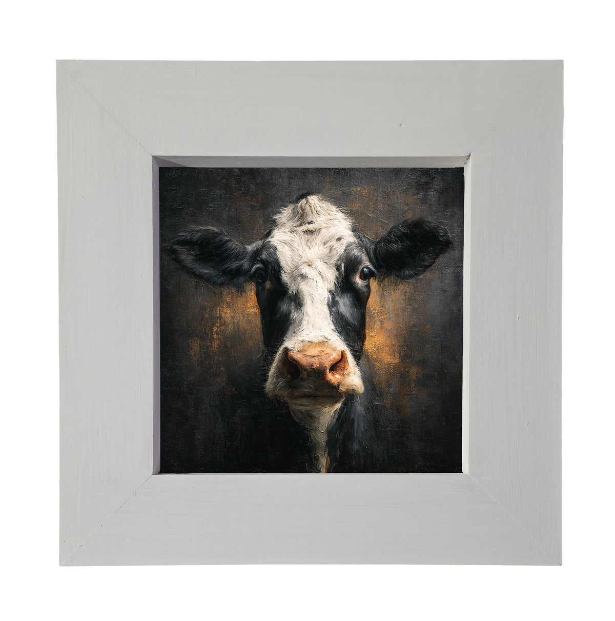 Close-up painterly portrait of a black and white Holstein cow with rustic, textured background and warm tones. — product view 3