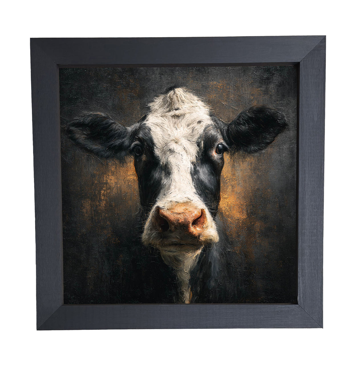 Close-up painterly portrait of a black and white Holstein cow with rustic, textured background and warm tones. — product view 10