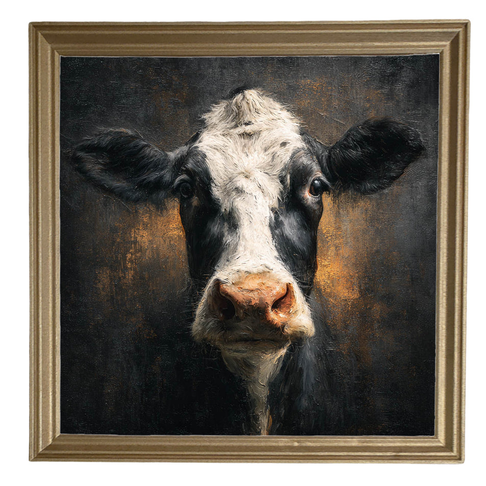Close-up painterly portrait of a black and white Holstein cow with rustic, textured background and warm tones. — product view 8