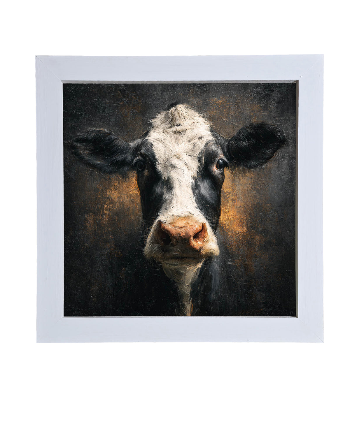 Close-up painterly portrait of a black and white Holstein cow with rustic, textured background and warm tones. — product view 9