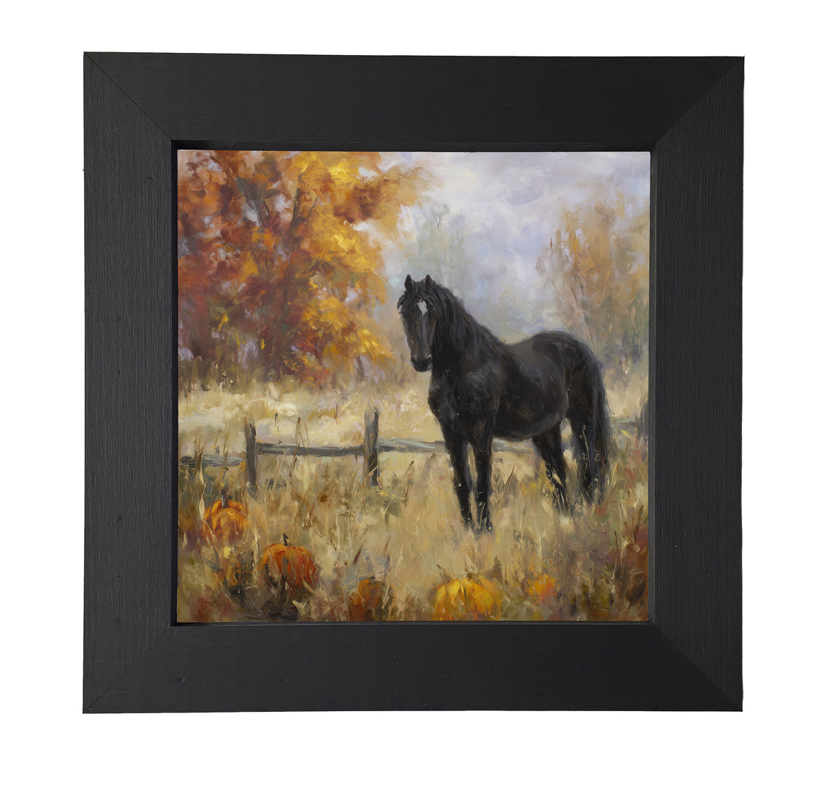 Black horse stands in an autumn field with pumpkins, rustic fence, and golden trees in painterly style — product view 7