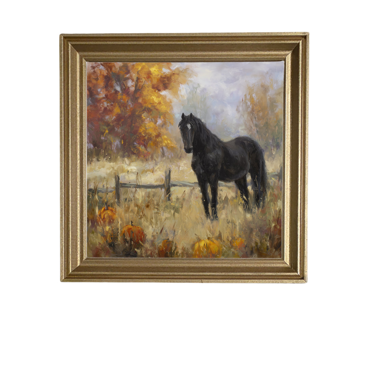 Black horse stands in an autumn field with pumpkins, rustic fence, and golden trees in painterly style — product view 5