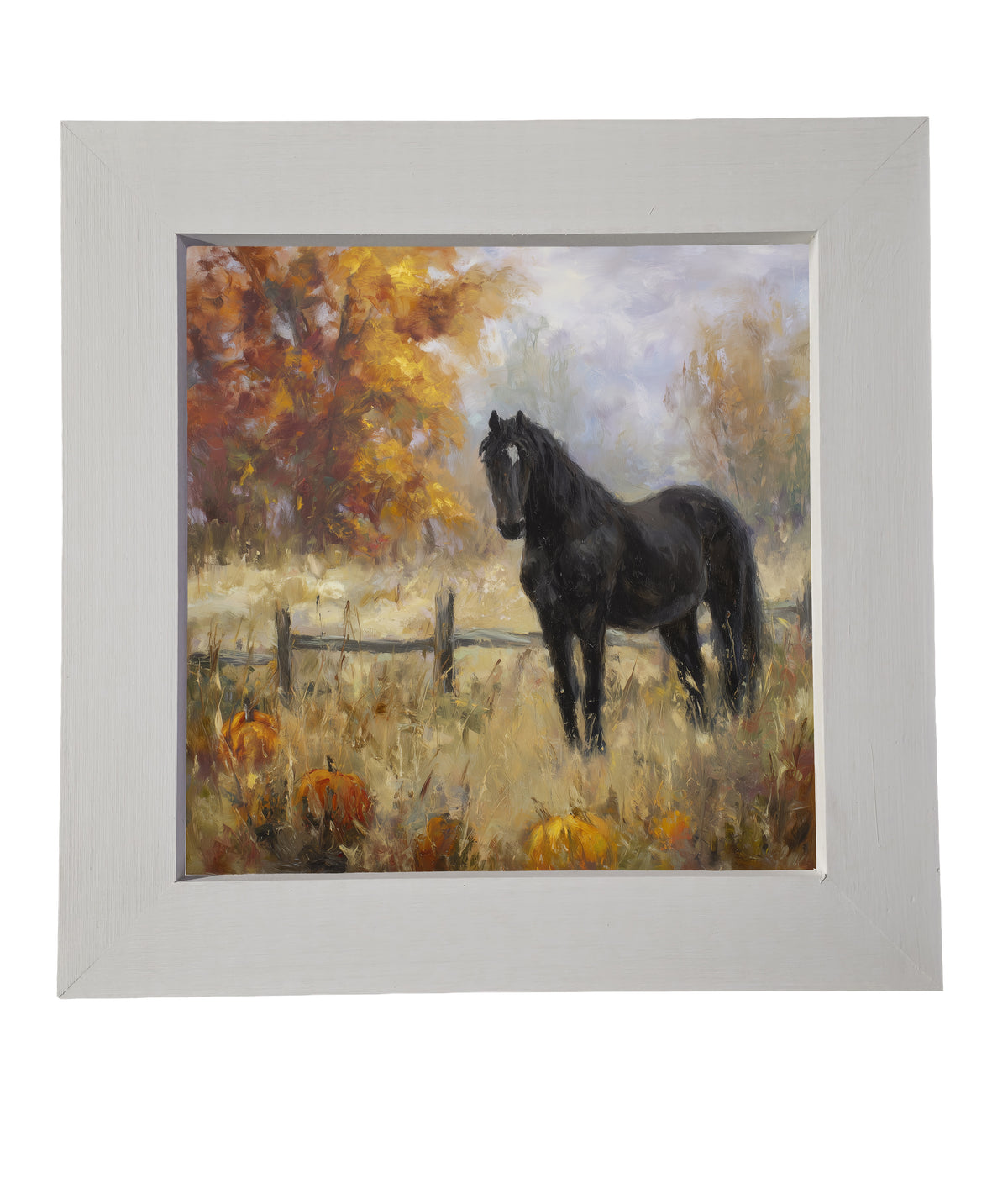 Black horse stands in an autumn field with pumpkins, rustic fence, and golden trees in painterly style — product view 6