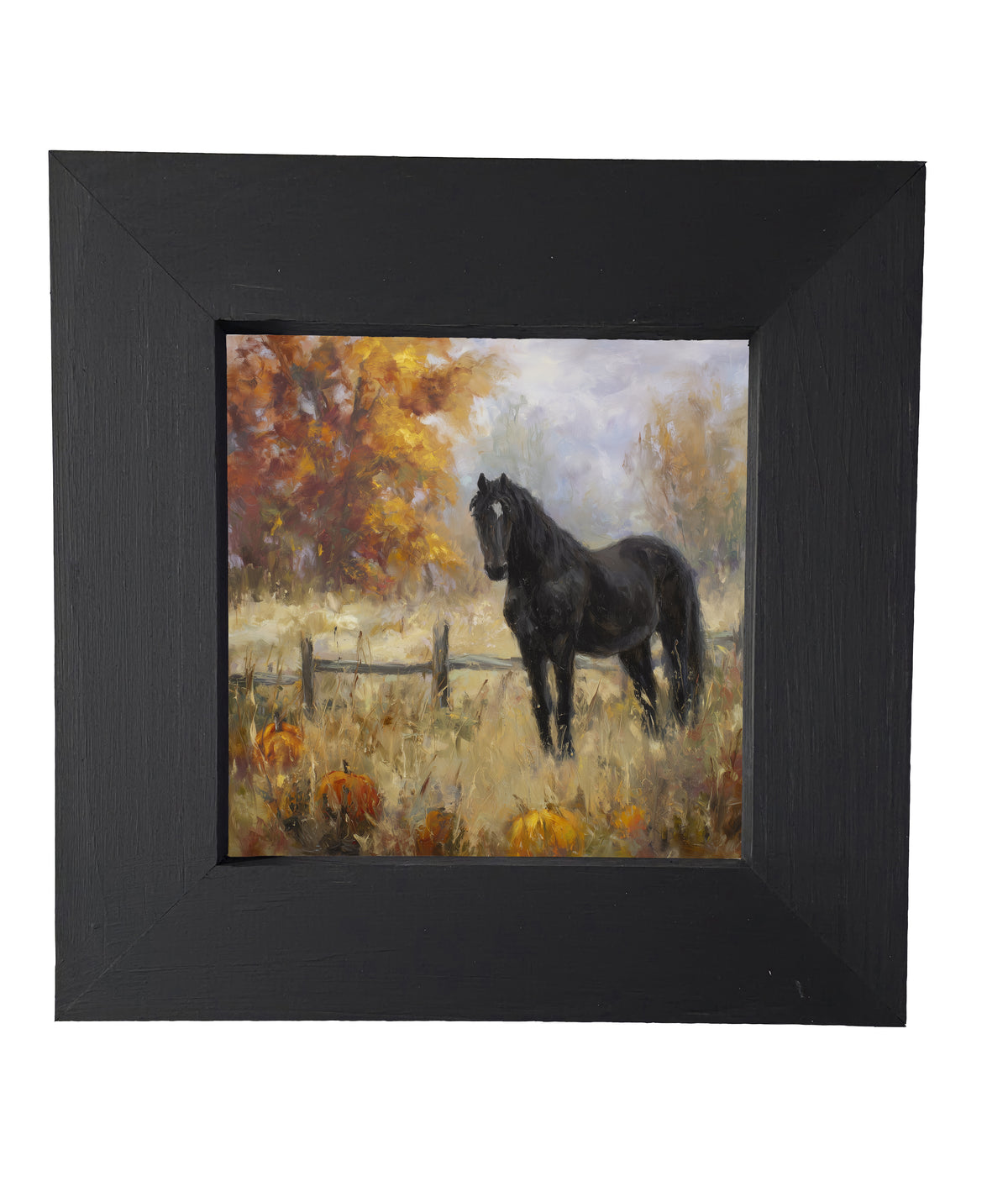 Black horse stands in an autumn field with pumpkins, rustic fence, and golden trees in painterly style — product view 4