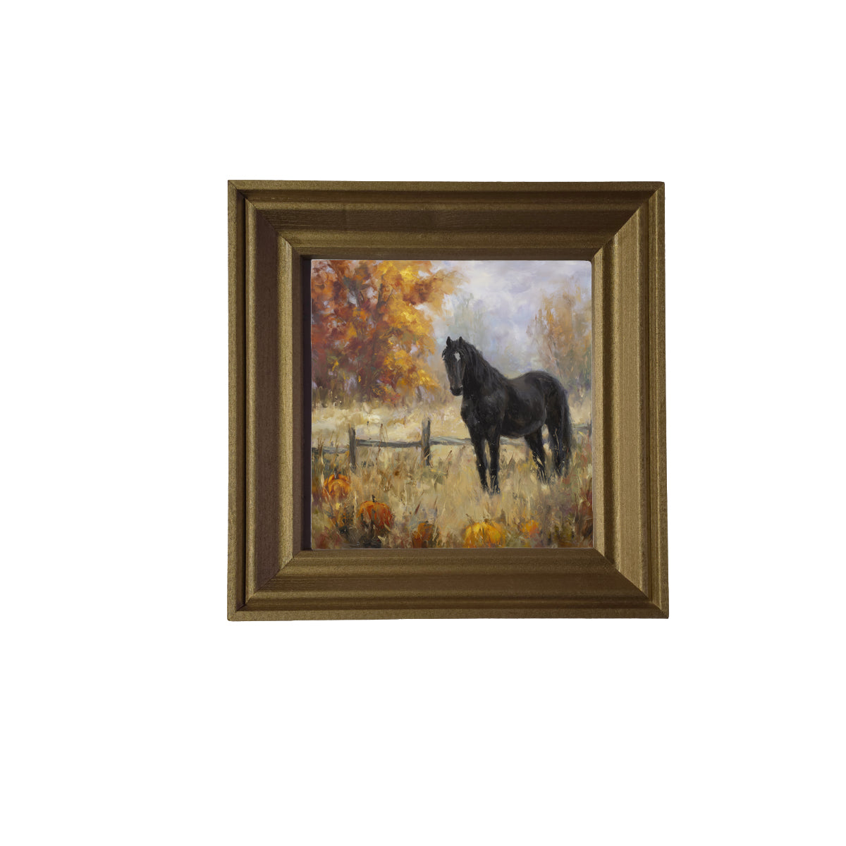 Black horse stands in an autumn field with pumpkins, rustic fence, and golden trees in painterly style — product view 2