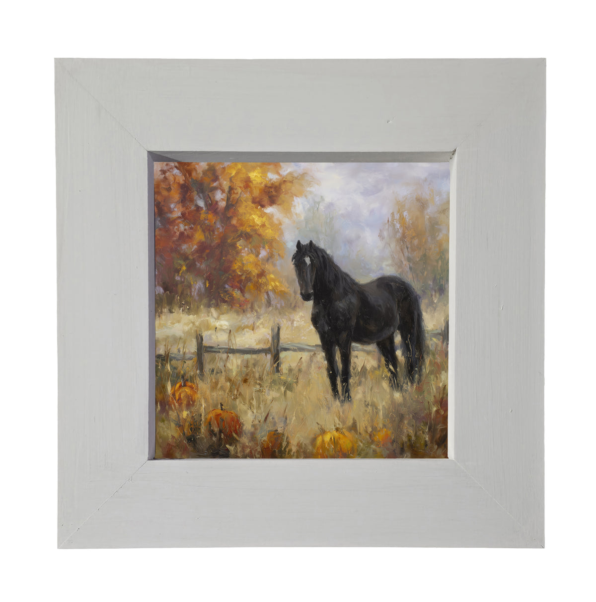 Black horse stands in an autumn field with pumpkins, rustic fence, and golden trees in painterly style — product view 3