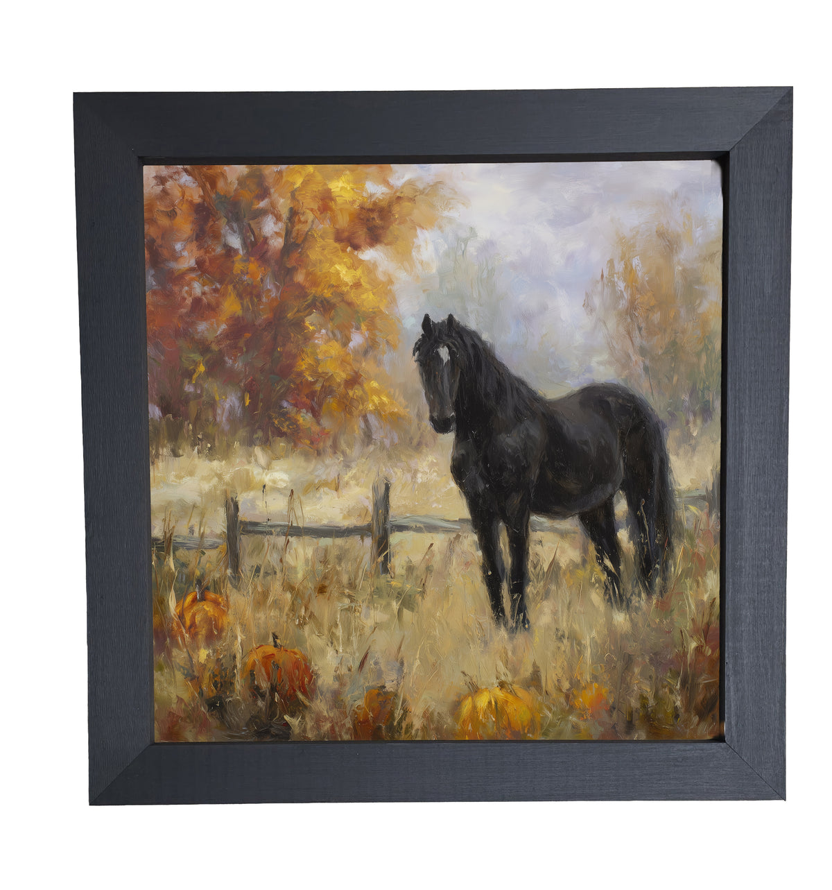 Black horse stands in an autumn field with pumpkins, rustic fence, and golden trees in painterly style — product view 10