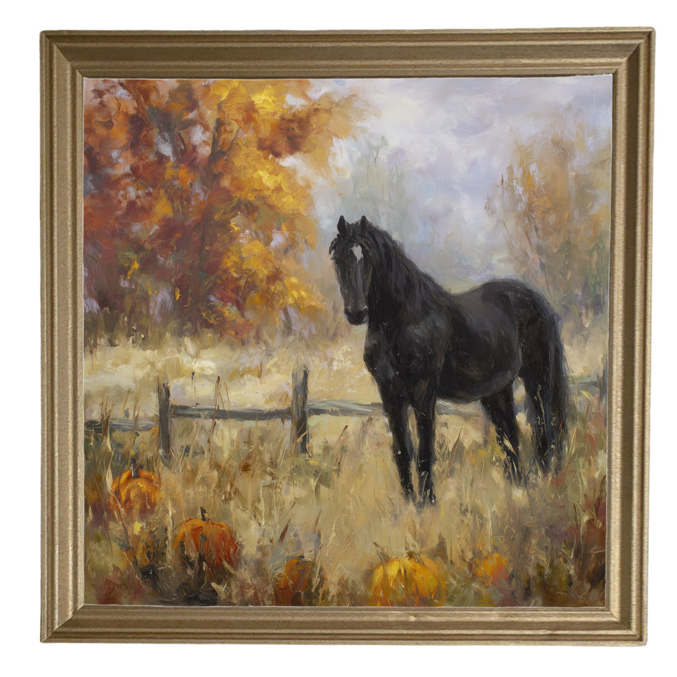 Black horse stands in an autumn field with pumpkins, rustic fence, and golden trees in painterly style — product view 8