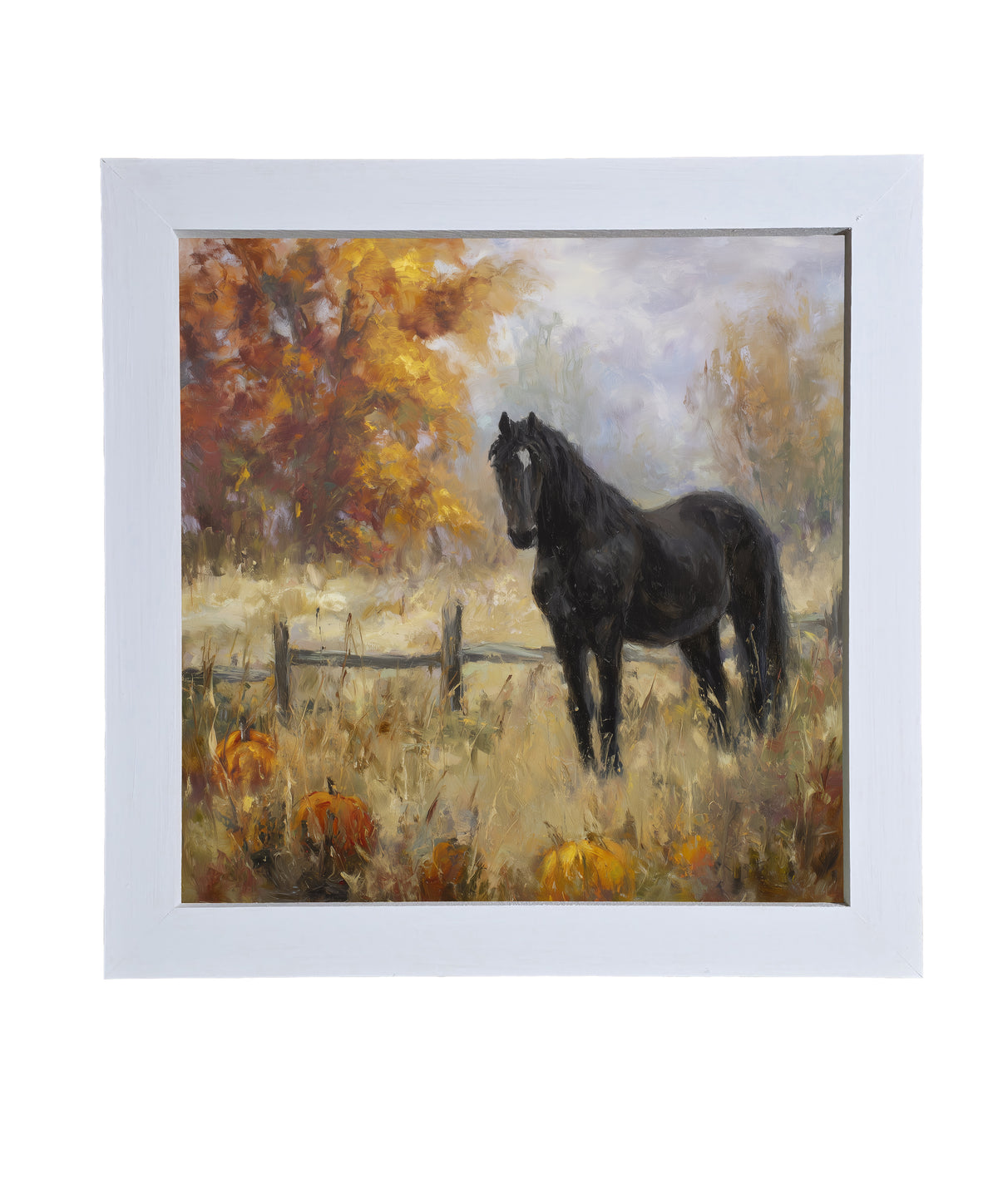 Black horse stands in an autumn field with pumpkins, rustic fence, and golden trees in painterly style — product view 9