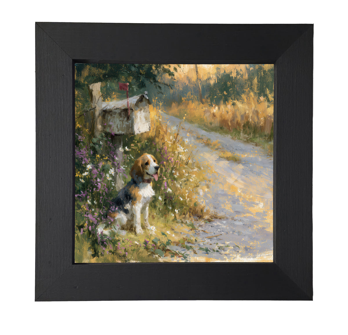 Beagle sitting beside a rustic country mailbox with wildflowers and a country road in a painterly, impressionist style. — product view 7