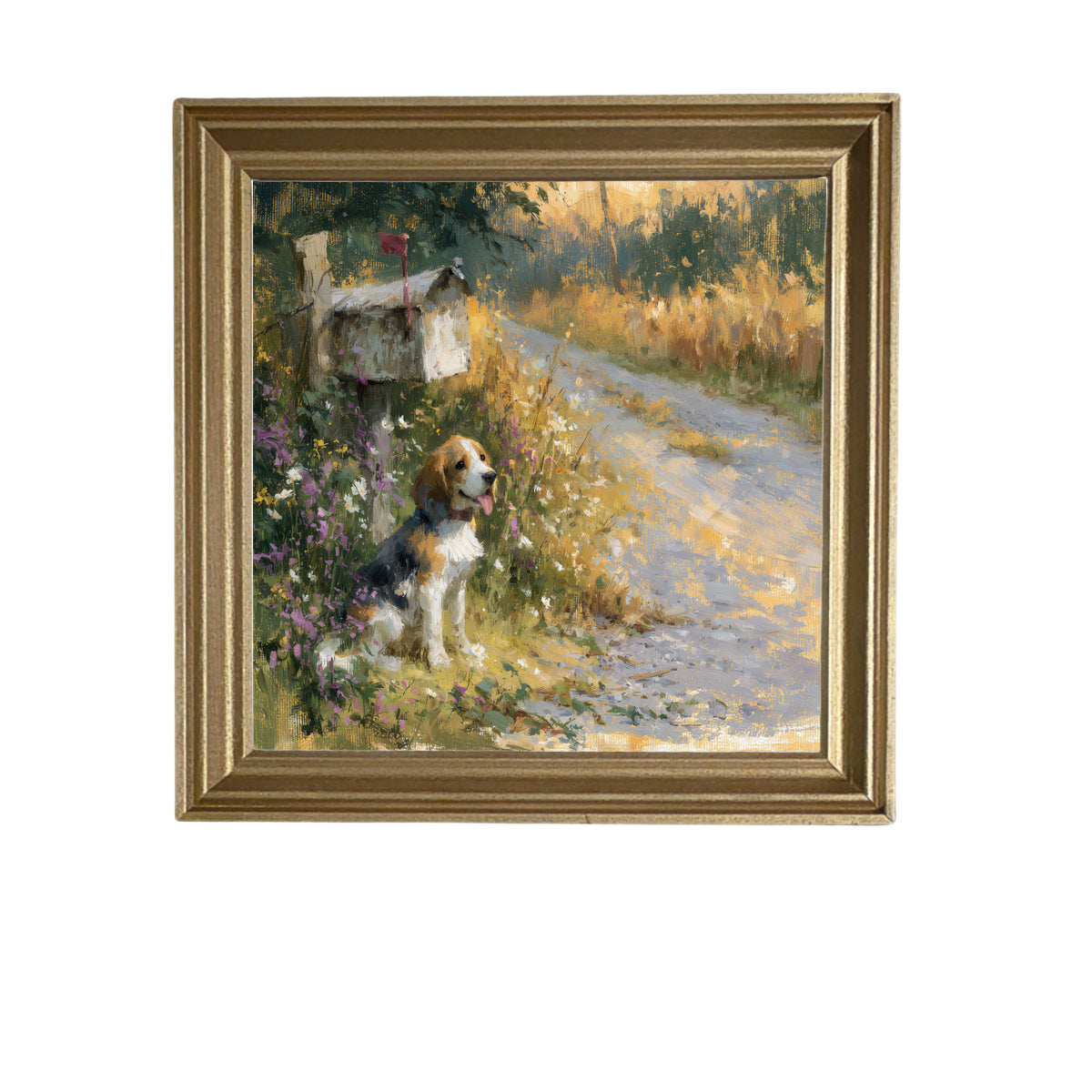 Beagle sitting beside a rustic country mailbox with wildflowers and a country road in a painterly, impressionist style. — product view 5