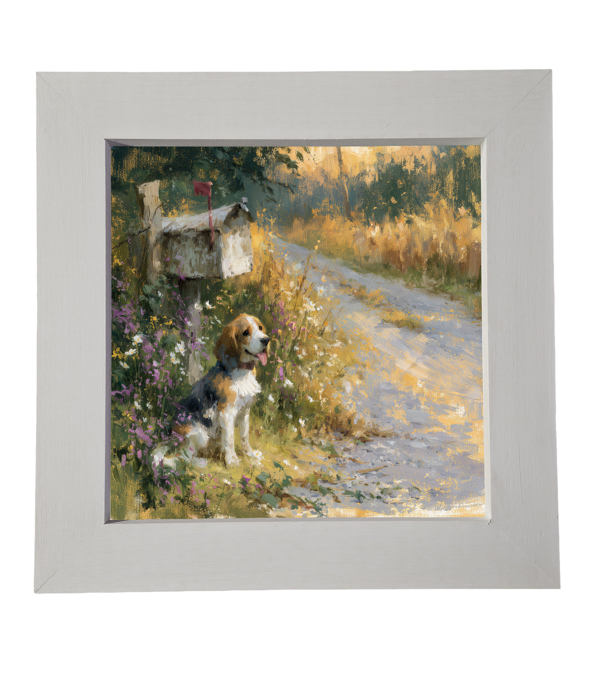 Beagle sitting beside a rustic country mailbox with wildflowers and a country road in a painterly, impressionist style. — product view 6