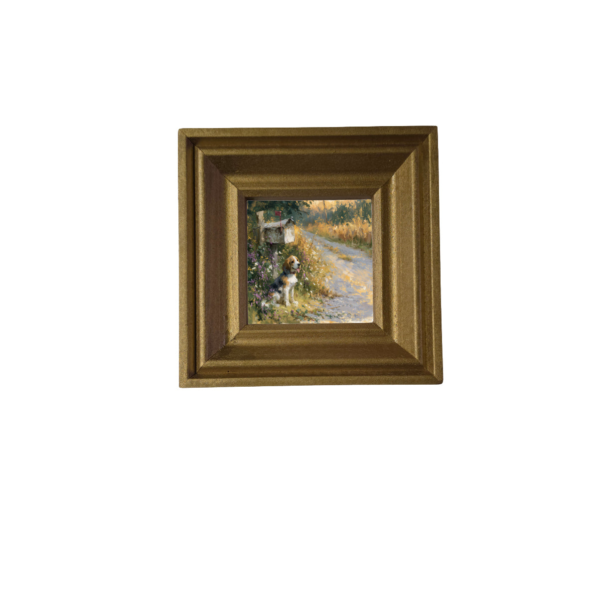 Beagle sitting beside a rustic country mailbox with wildflowers and a country road in a painterly, impressionist style.