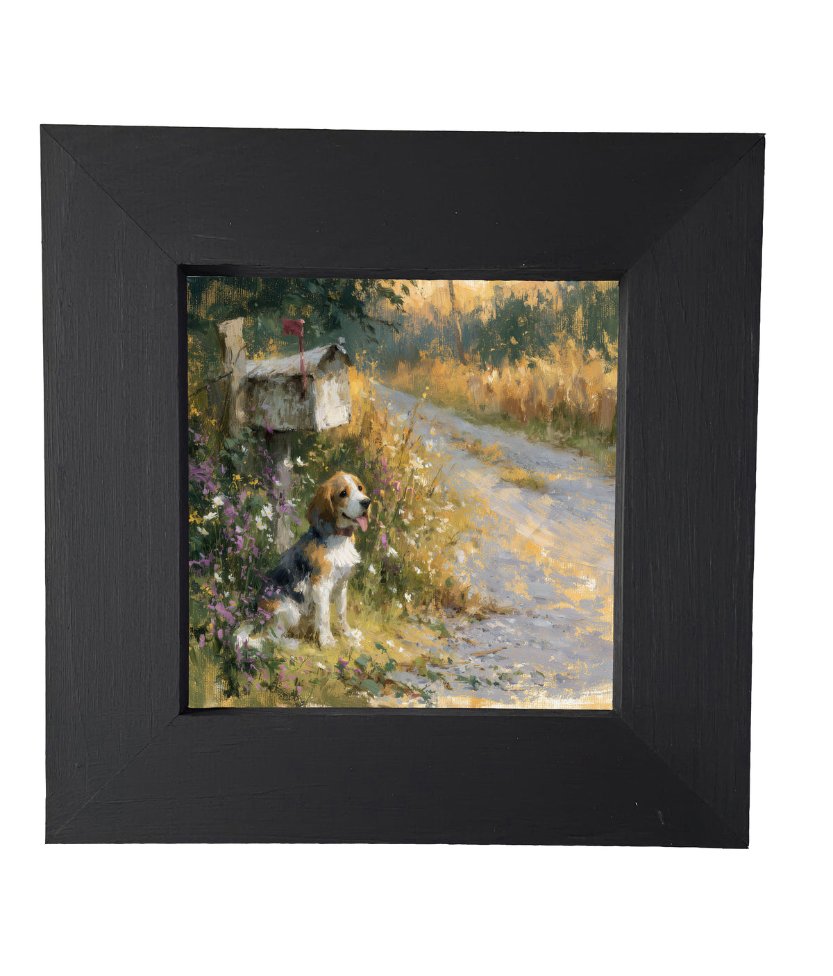 Beagle sitting beside a rustic country mailbox with wildflowers and a country road in a painterly, impressionist style. — product view 4