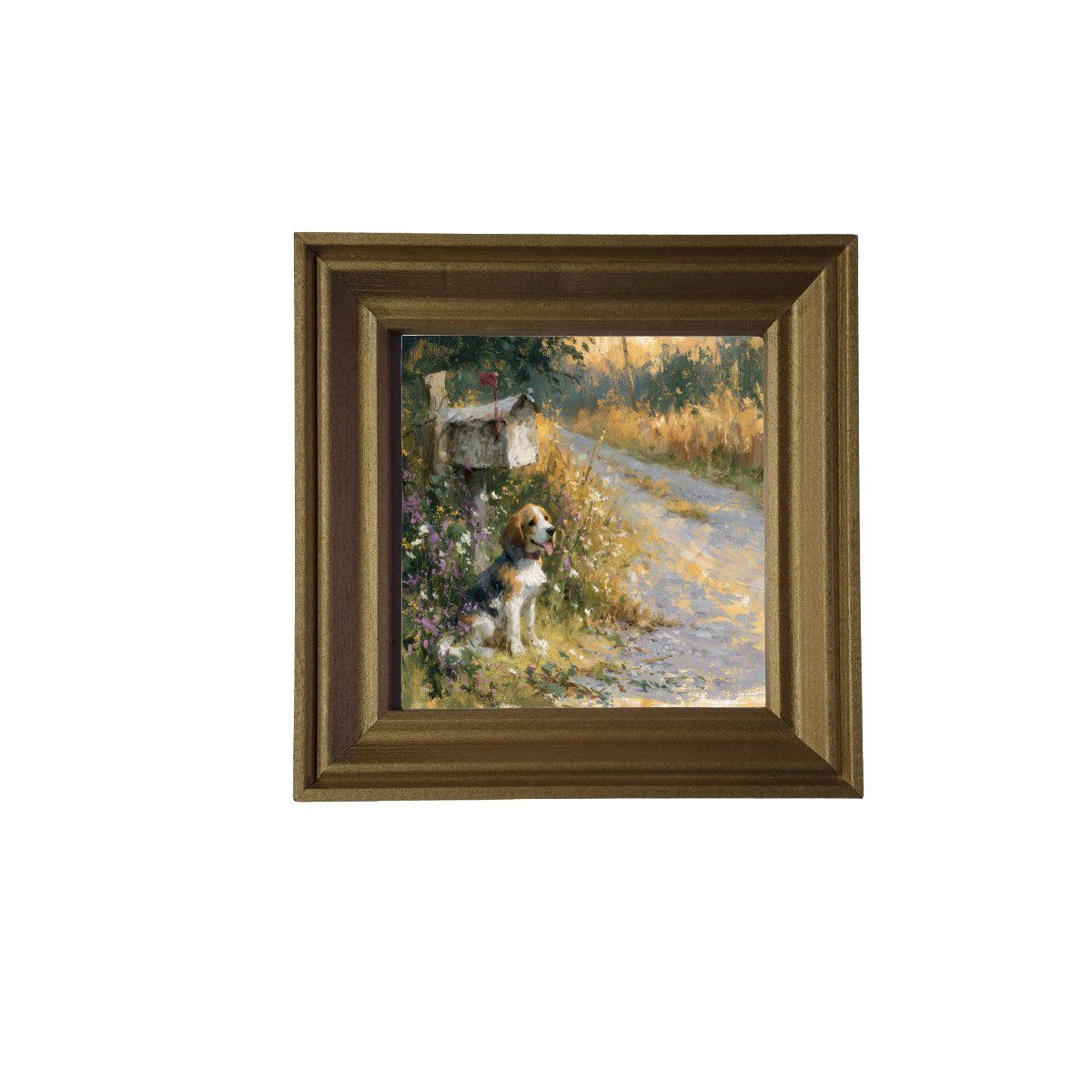 Beagle sitting beside a rustic country mailbox with wildflowers and a country road in a painterly, impressionist style. — product view 2