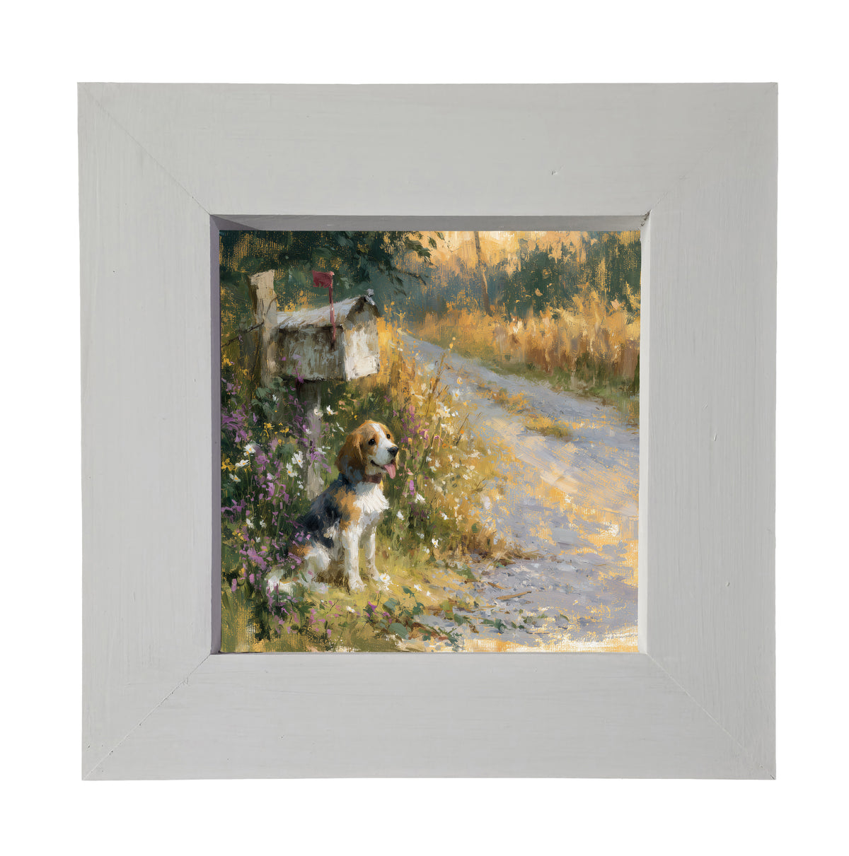 Beagle sitting beside a rustic country mailbox with wildflowers and a country road in a painterly, impressionist style. — product view 3