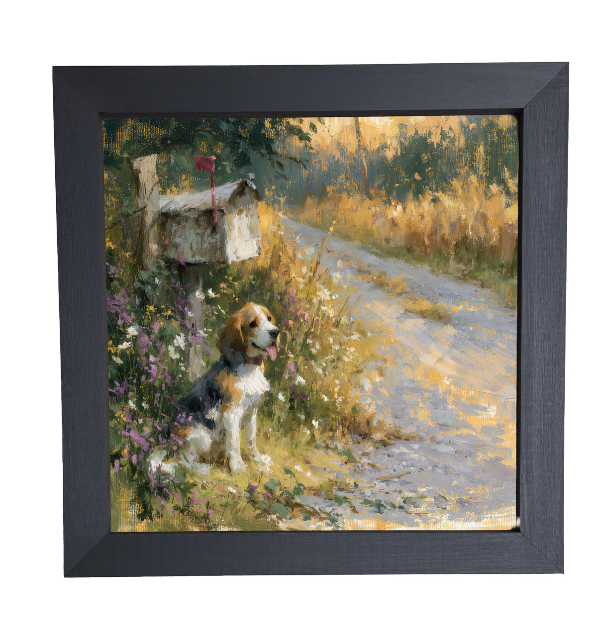 Beagle sitting beside a rustic country mailbox with wildflowers and a country road in a painterly, impressionist style. — product view 10