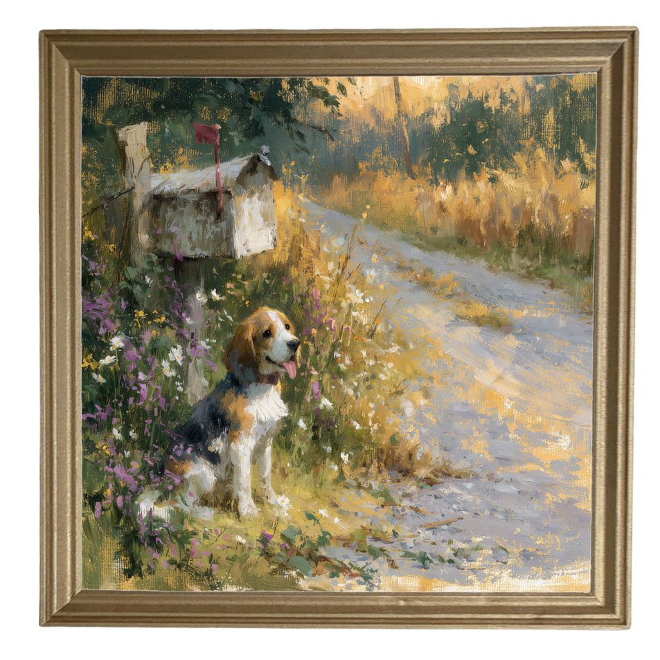 Beagle sitting beside a rustic country mailbox with wildflowers and a country road in a painterly, impressionist style. — product view 8