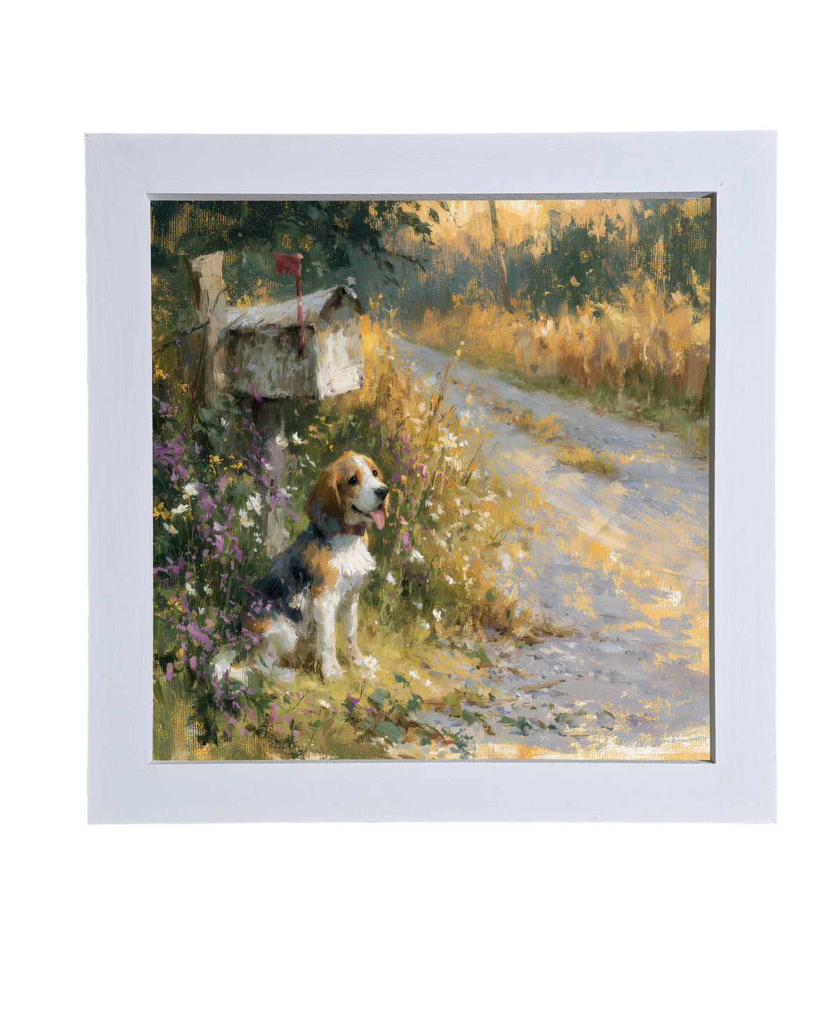 Beagle sitting beside a rustic country mailbox with wildflowers and a country road in a painterly, impressionist style. — product view 9