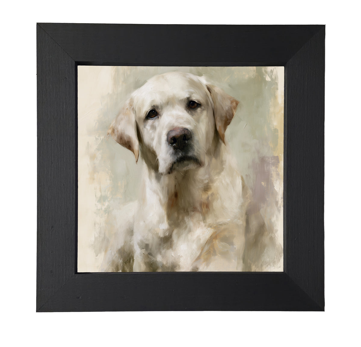 Painterly portrait of a gentle yellow Labrador with soft cream and gold tones in a wood frame — product view 7