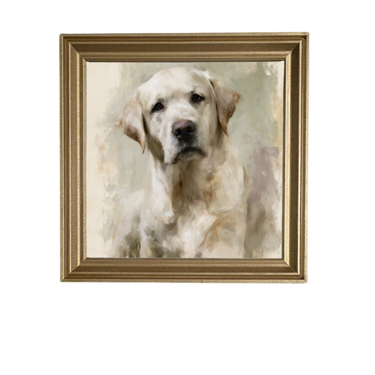 Painterly portrait of a gentle yellow Labrador with soft cream and gold tones in a wood frame — product view 5