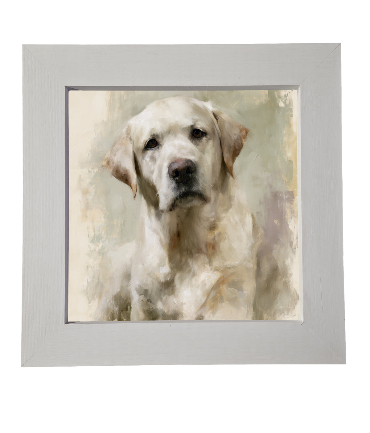 Painterly portrait of a gentle yellow Labrador with soft cream and gold tones in a wood frame — product view 6