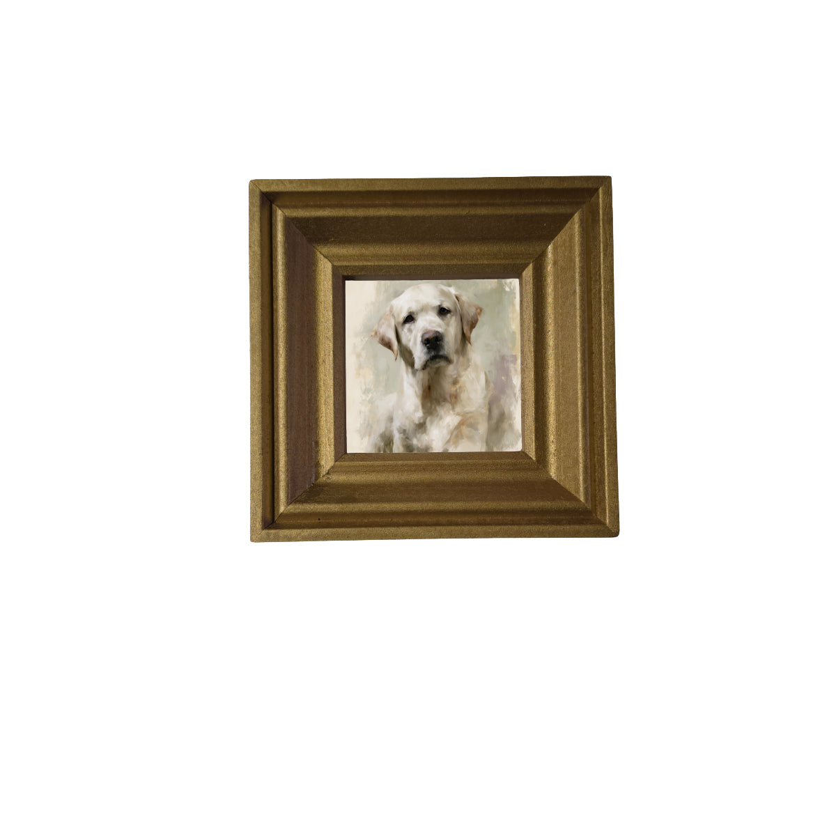 Painterly portrait of a gentle yellow Labrador with soft cream and gold tones in a wood frame
