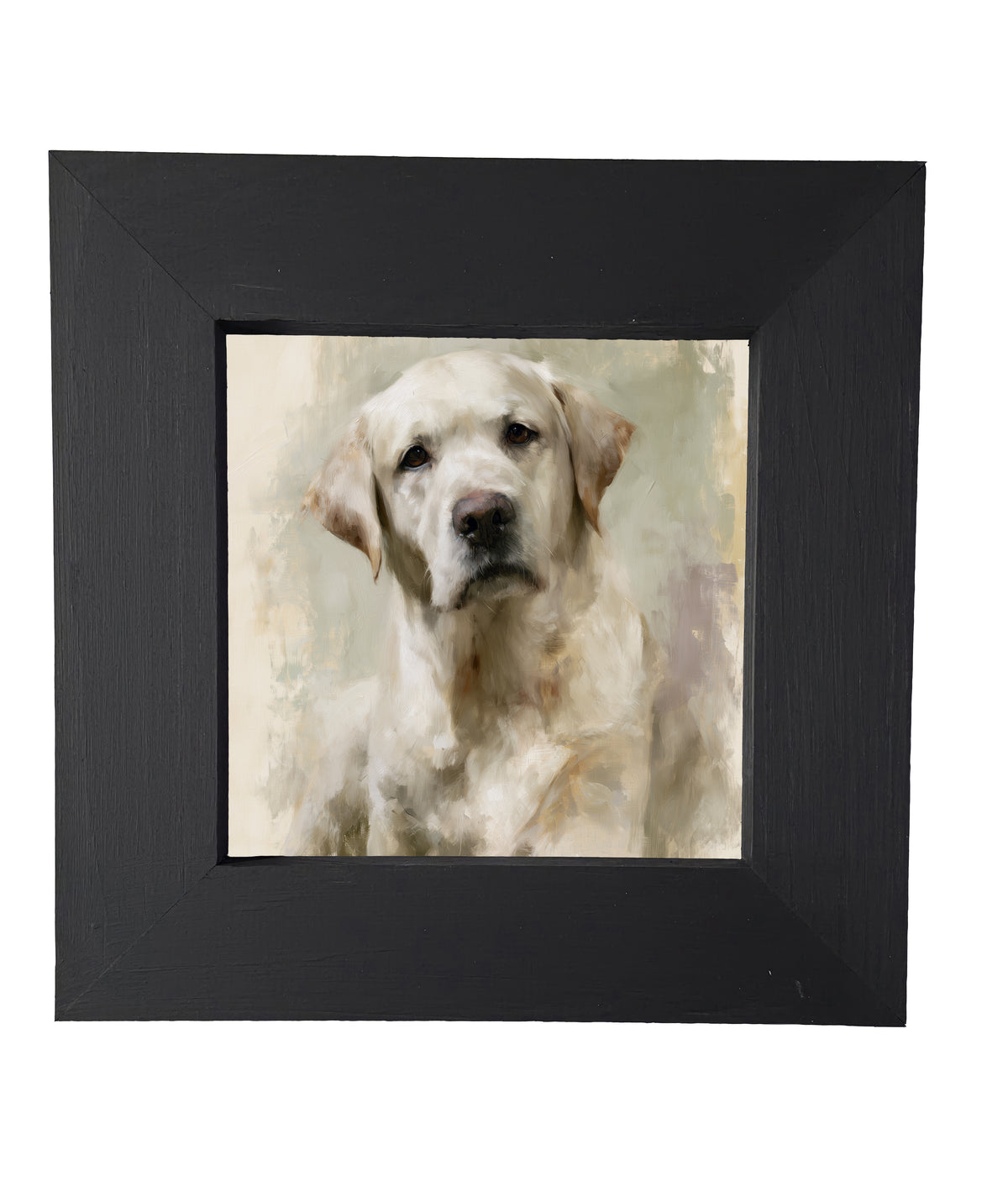 Painterly portrait of a gentle yellow Labrador with soft cream and gold tones in a wood frame — product view 4