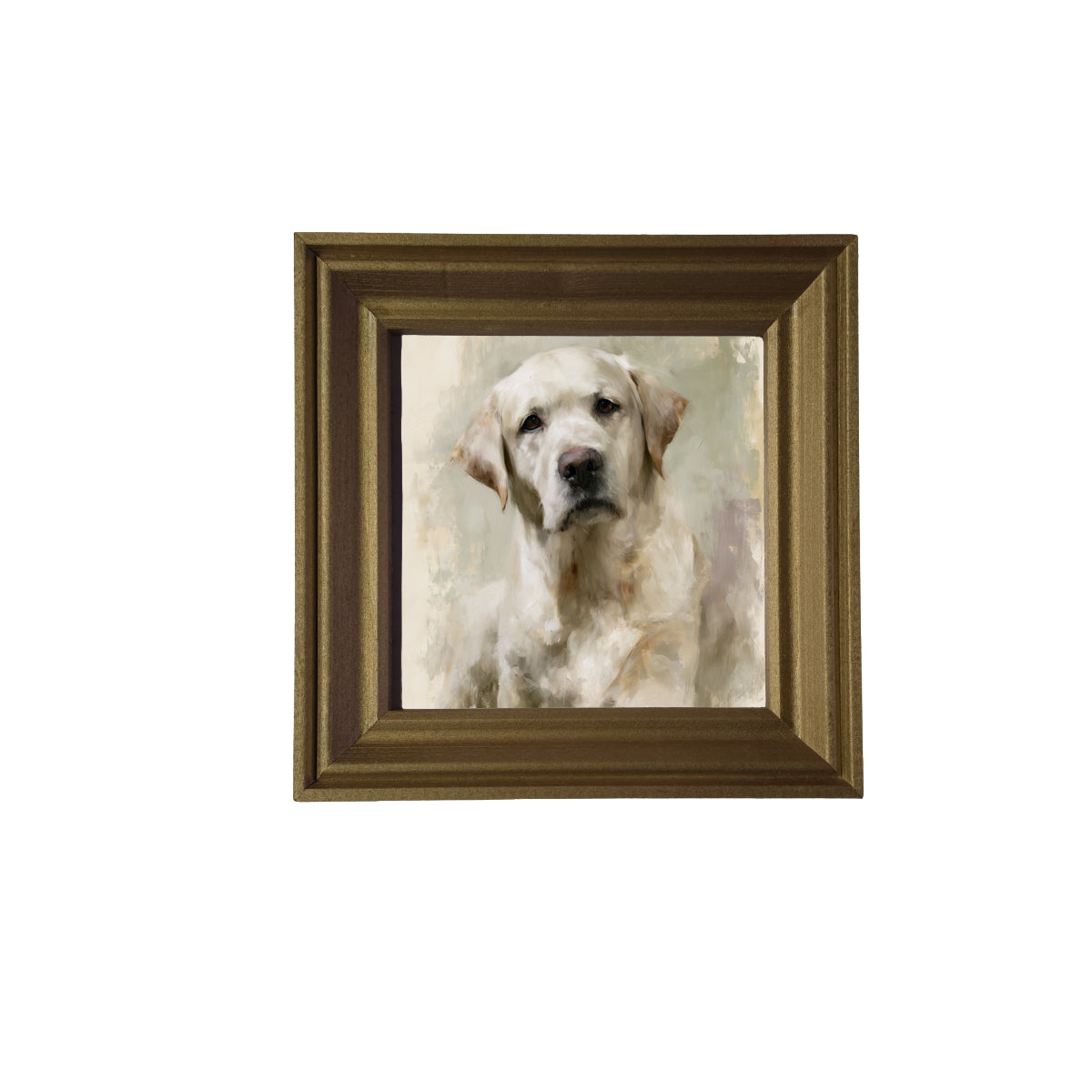 Painterly portrait of a gentle yellow Labrador with soft cream and gold tones in a wood frame — product view 2