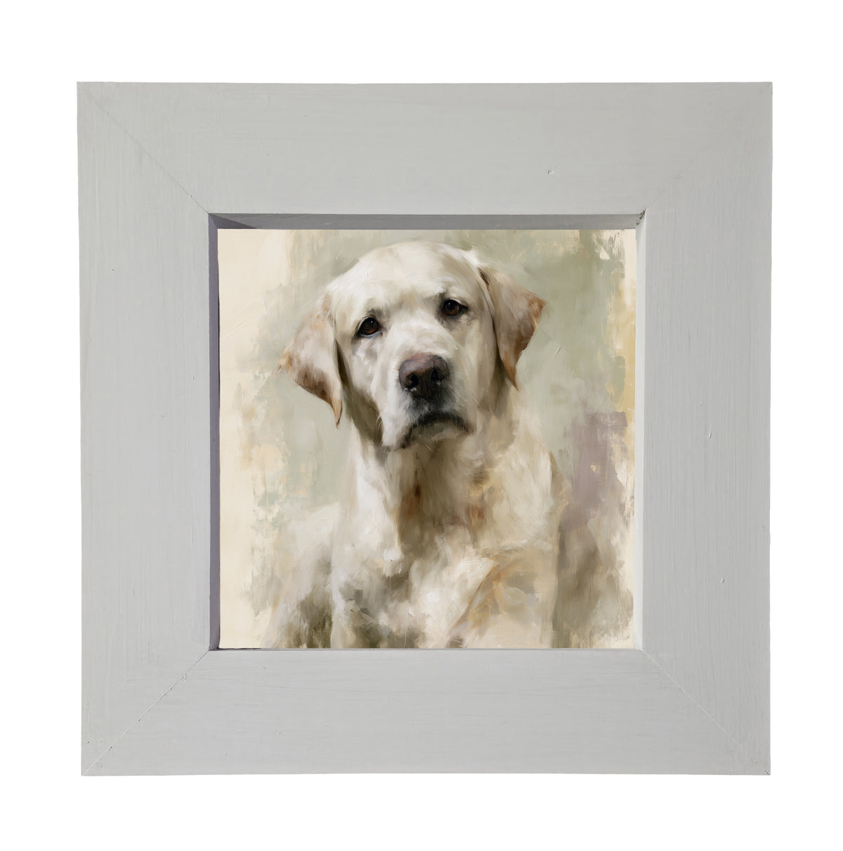 Painterly portrait of a gentle yellow Labrador with soft cream and gold tones in a wood frame — product view 3