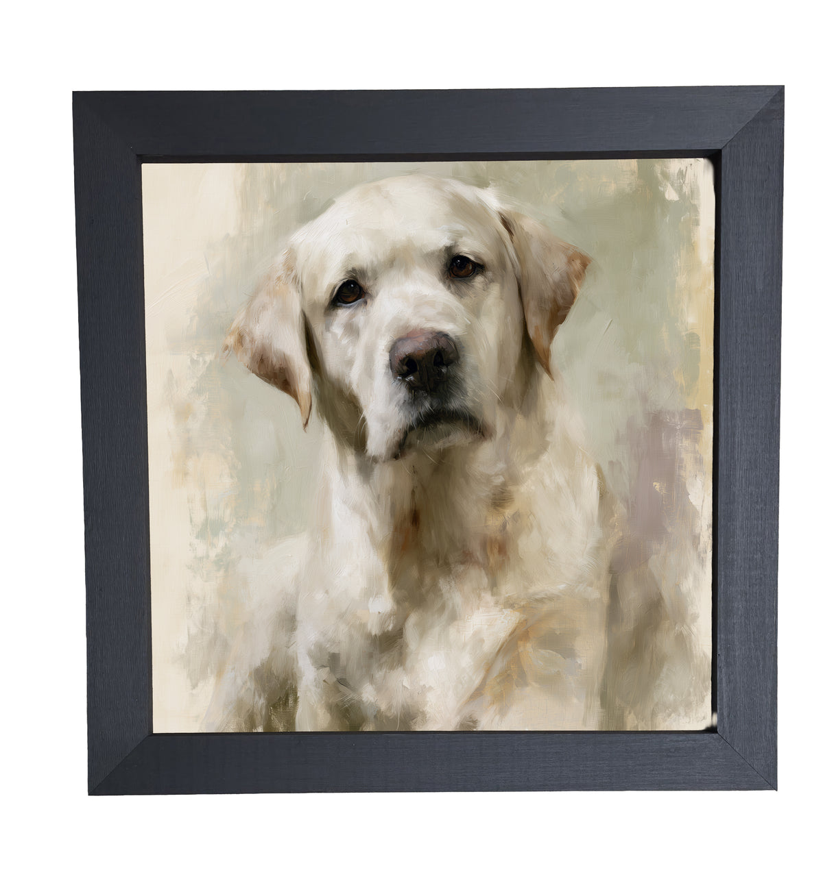 Painterly portrait of a gentle yellow Labrador with soft cream and gold tones in a wood frame — product view 10