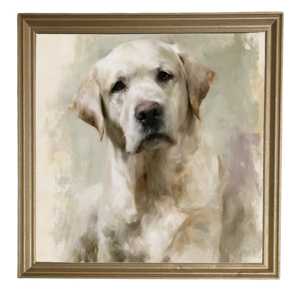 Painterly portrait of a gentle yellow Labrador with soft cream and gold tones in a wood frame — product view 8