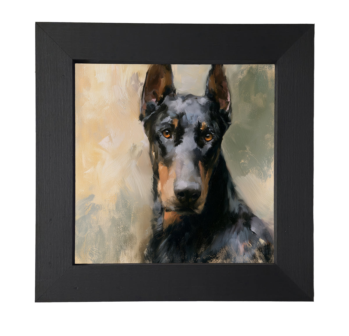 Realistic painterly portrait of an alert black Doberman in a gold frame — product view 7