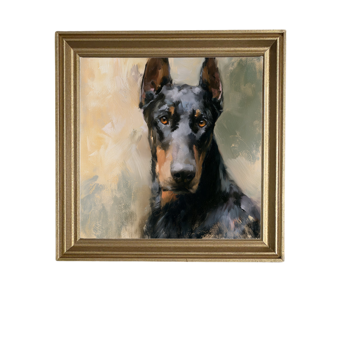 Realistic painterly portrait of an alert black Doberman in a gold frame — product view 5