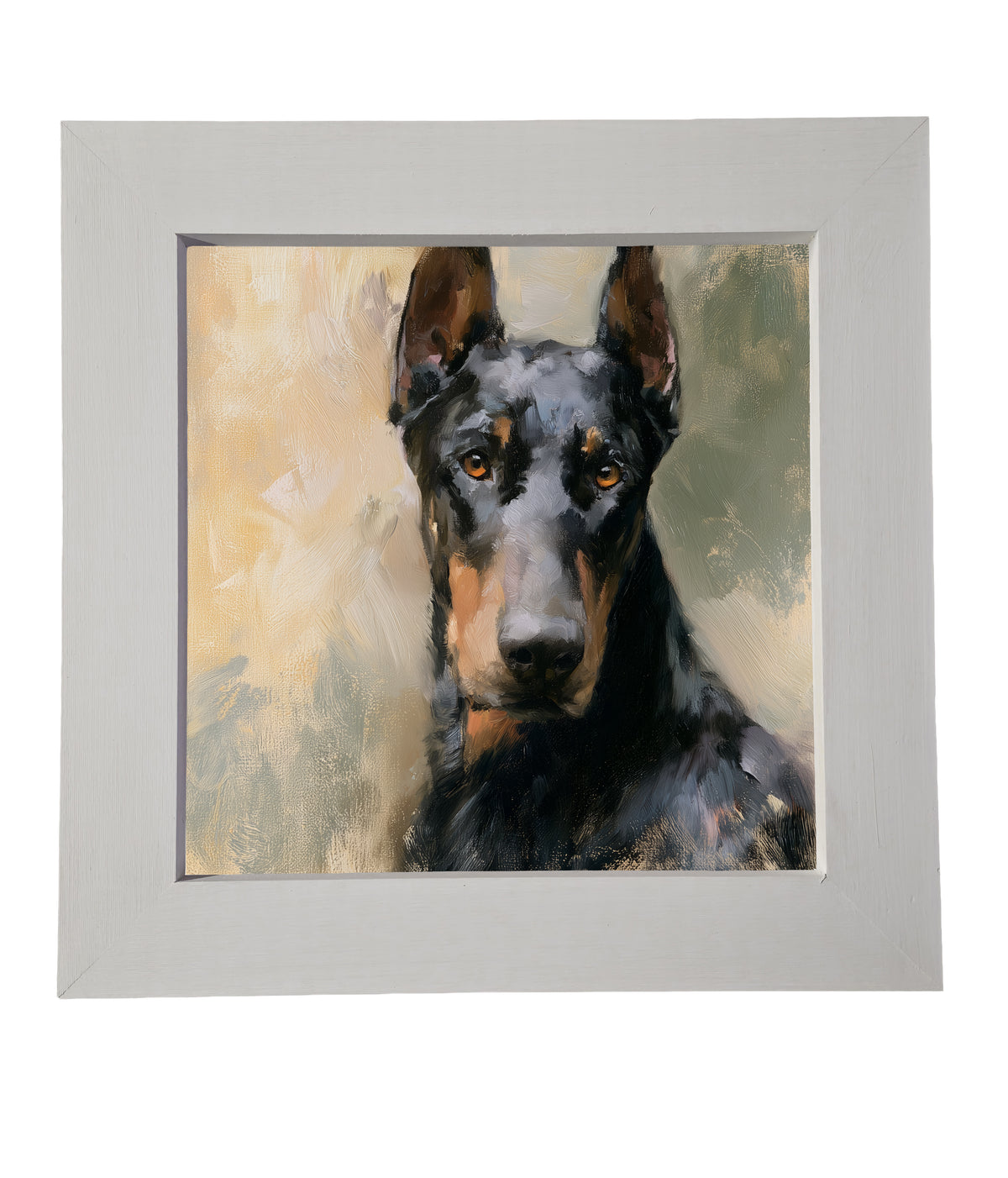Realistic painterly portrait of an alert black Doberman in a gold frame — product view 6
