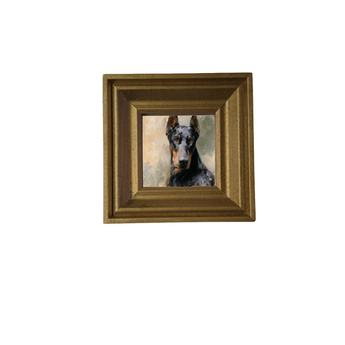 Realistic painterly portrait of an alert black Doberman in a gold frame