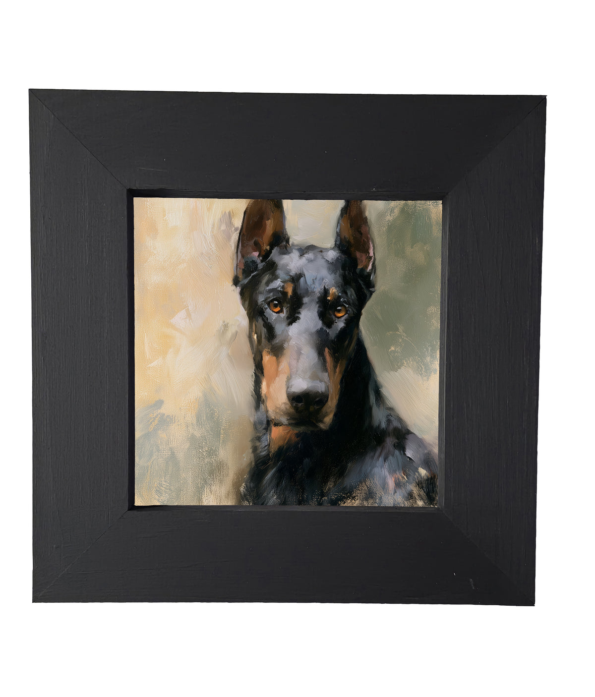 Realistic painterly portrait of an alert black Doberman in a gold frame — product view 4
