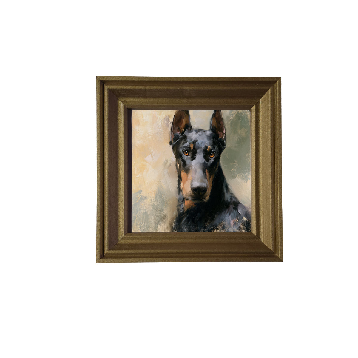 Realistic painterly portrait of an alert black Doberman in a gold frame — product view 2