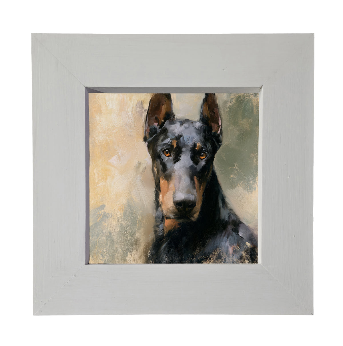 Realistic painterly portrait of an alert black Doberman in a gold frame — product view 3