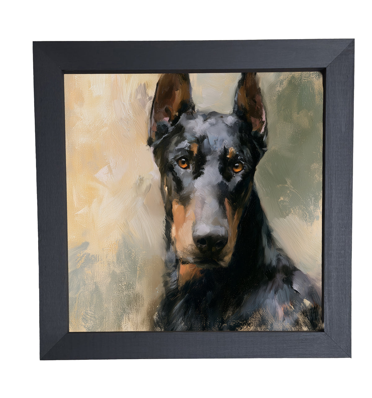 Realistic painterly portrait of an alert black Doberman in a gold frame — product view 10
